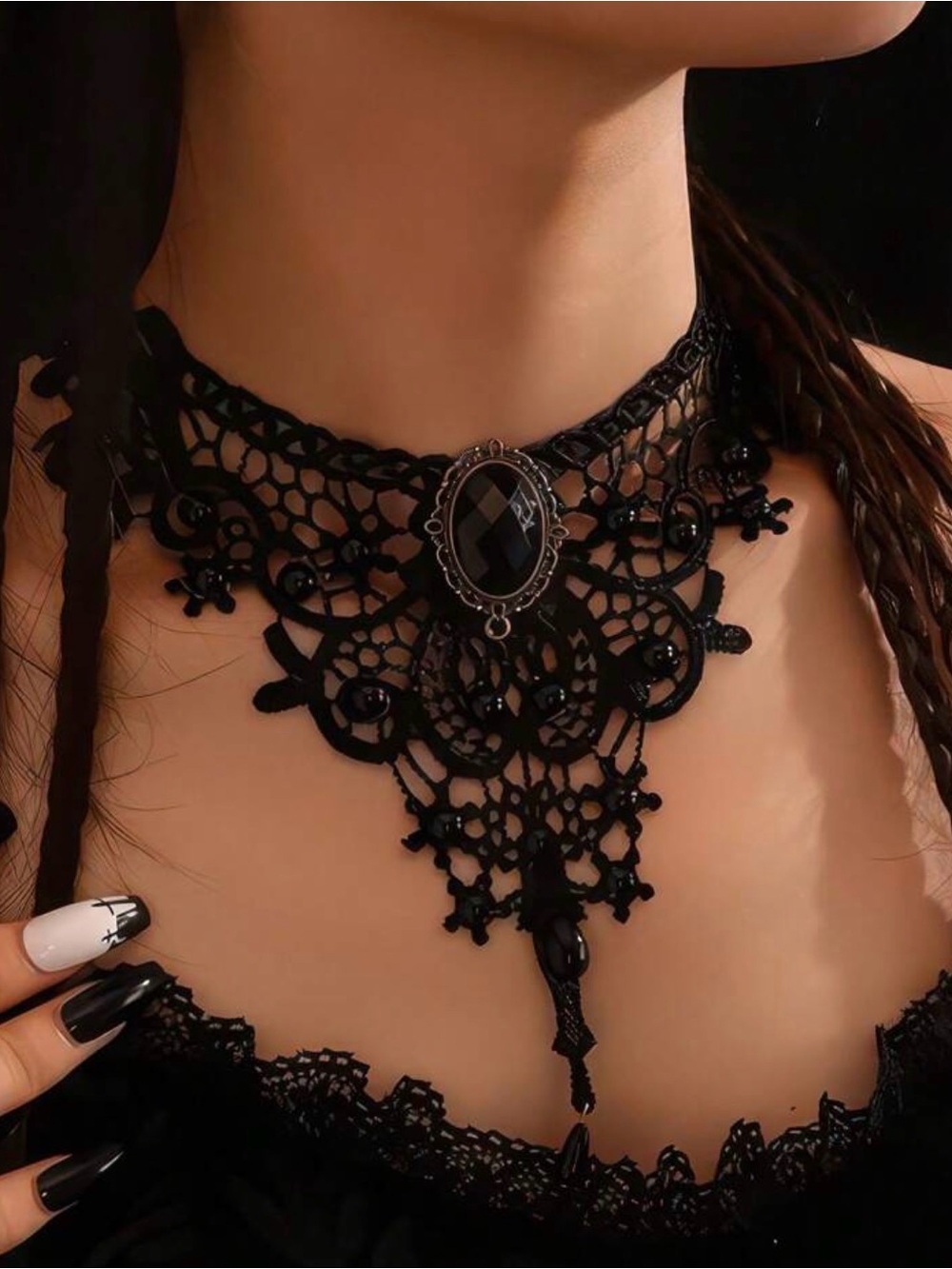 Black Gothic Lace Choker Necklace with Black Gem